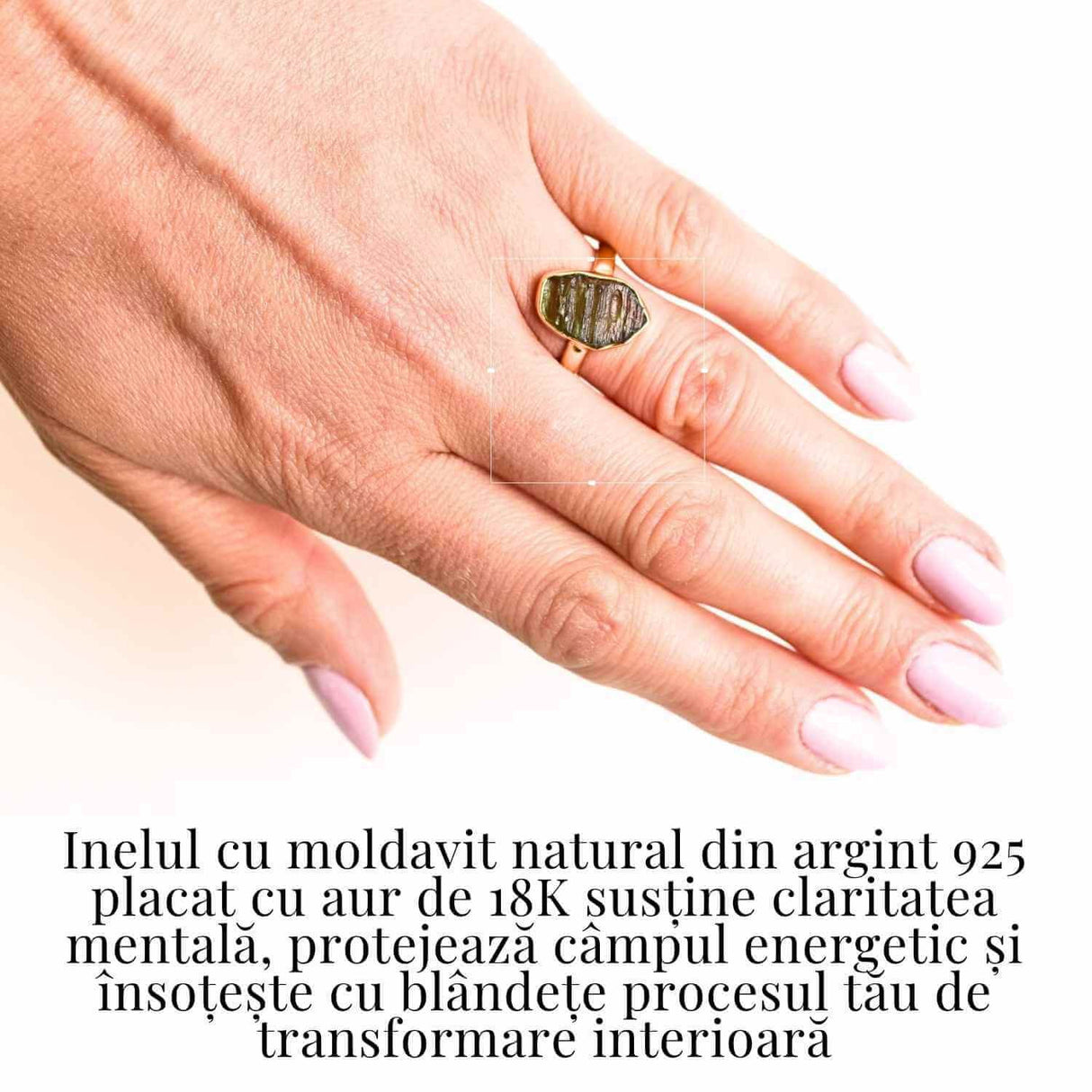 Inel argint 925 Elegant cu Moldavit placat cu Aur 18K 3.42 gr Marime 54 (EU) / 7 (US) - Stimuleaza Evolutia Interioara si Vindecarea Energetica,