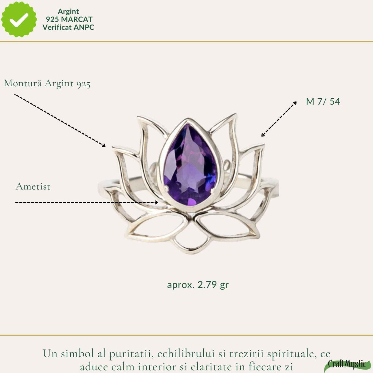 Inel Argint 925 Floare de Lotus cu Ametist Natural – Echilibru si Claritate Interioara