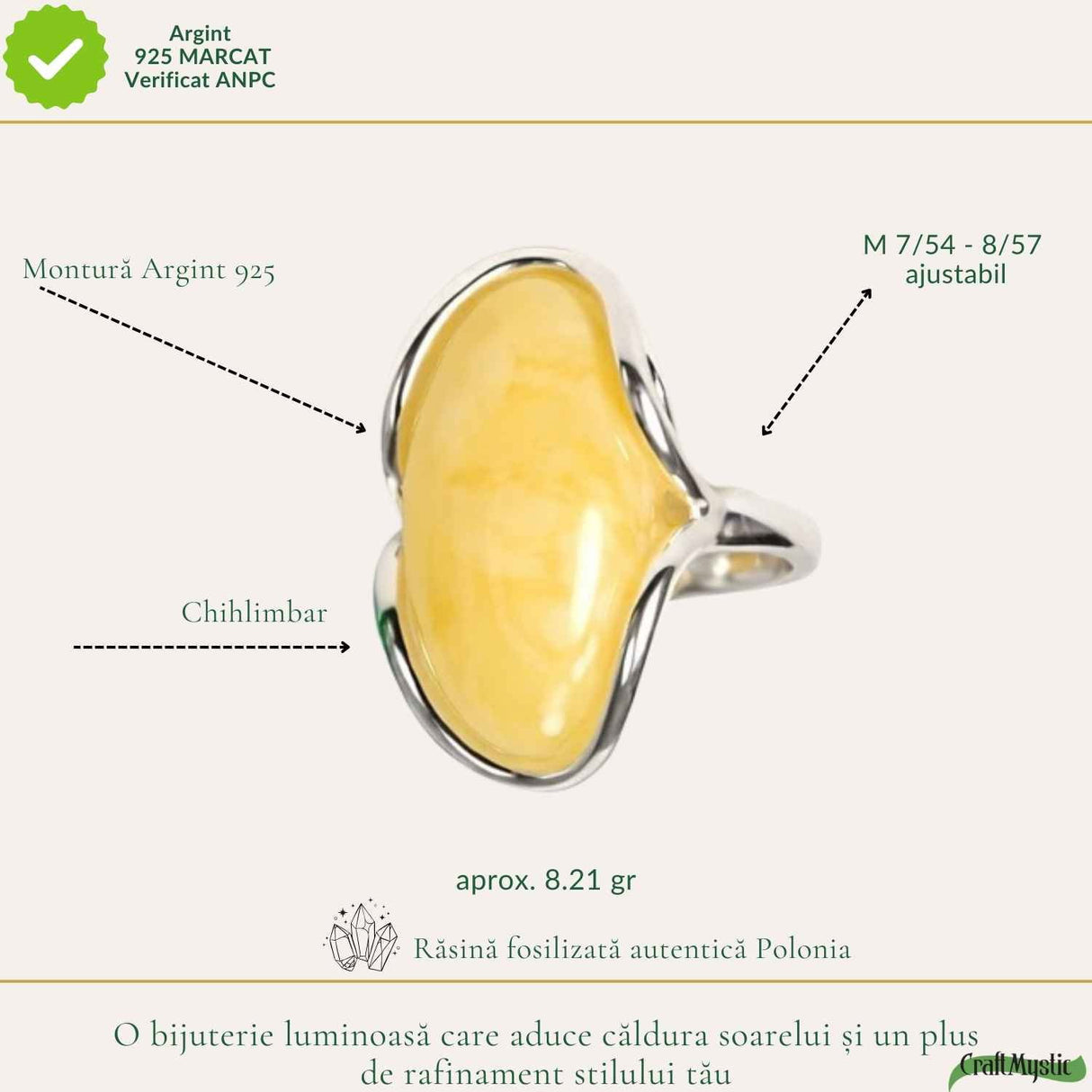 Inel Argint 925 cu Chihlimbar Galben Natural Oval - Lumina Calda si Eleganta Naturala