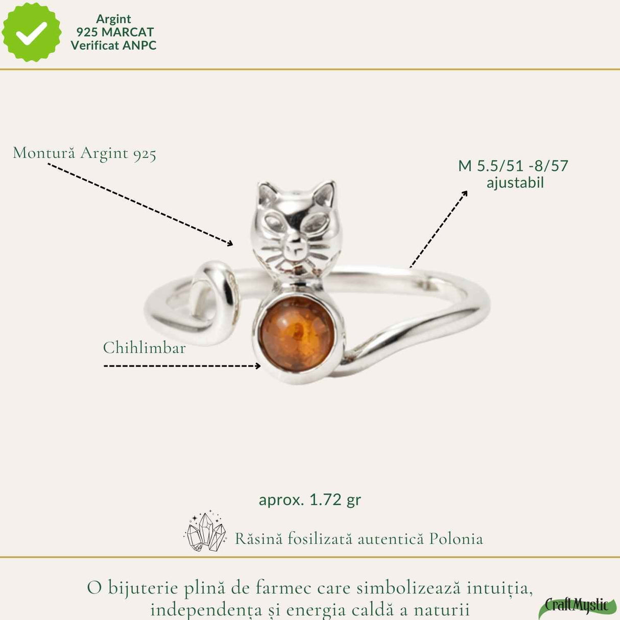 Inel Argint 925 cu Pisica si Chihlimbar Natural - Delicatete, Intuitie si Energie Calda