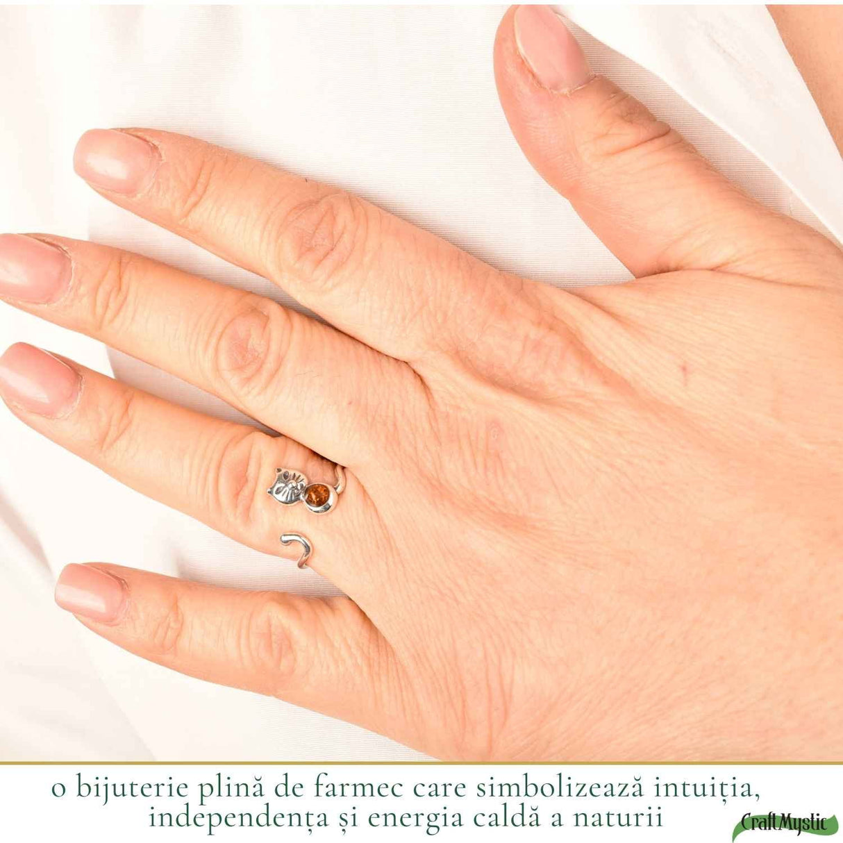 Inel Argint 925 cu Pisica si Chihlimbar Natural - Delicatete, Intuitie si Energie Calda