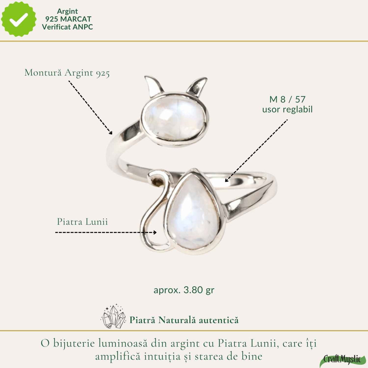 Inel Argint 925 Pisica cu Piatra Lunii – Intuitie si Protectie Feminina