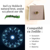 Inel argint 925 placat aur 18k cu Moldavit natural brut Marime 53-54 (EU) / 7 (US) - Piatra transformarii si protectiei