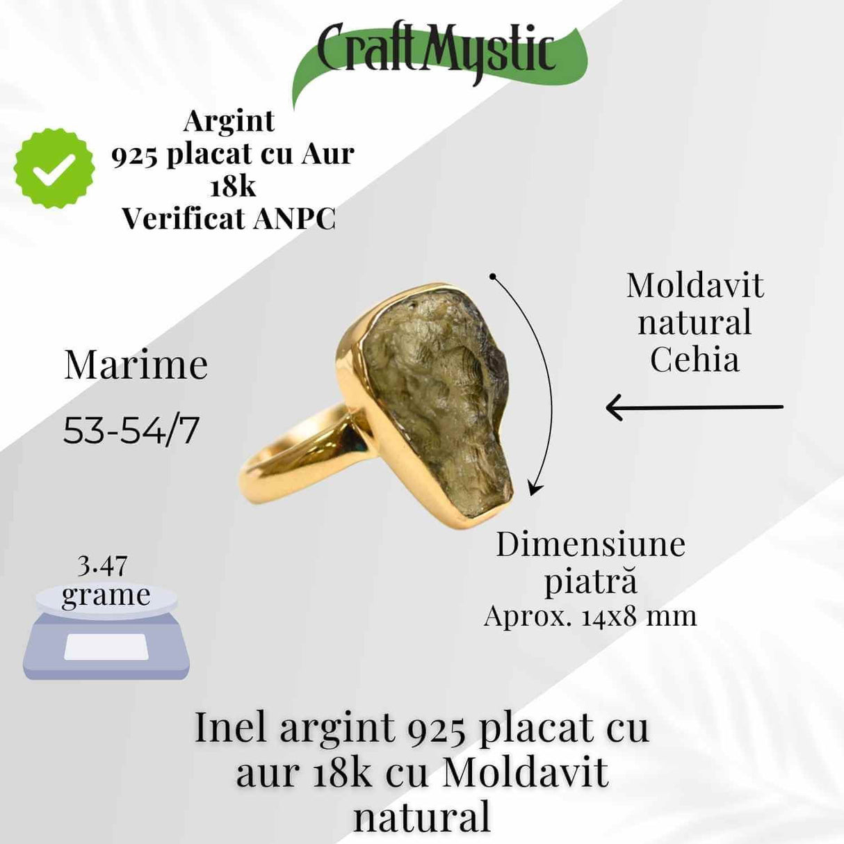 Inel argint 925 placat aur 18k cu Moldavit natural brut Marime 53-54 (EU) / 7 (US) - Piatra transformarii si protectiei