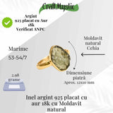 Inel argint 925 placat aur 18k cu Moldavit natural brut Marime 53-54 (EU) / 7 (US) - Piatra transformarii si protectiei