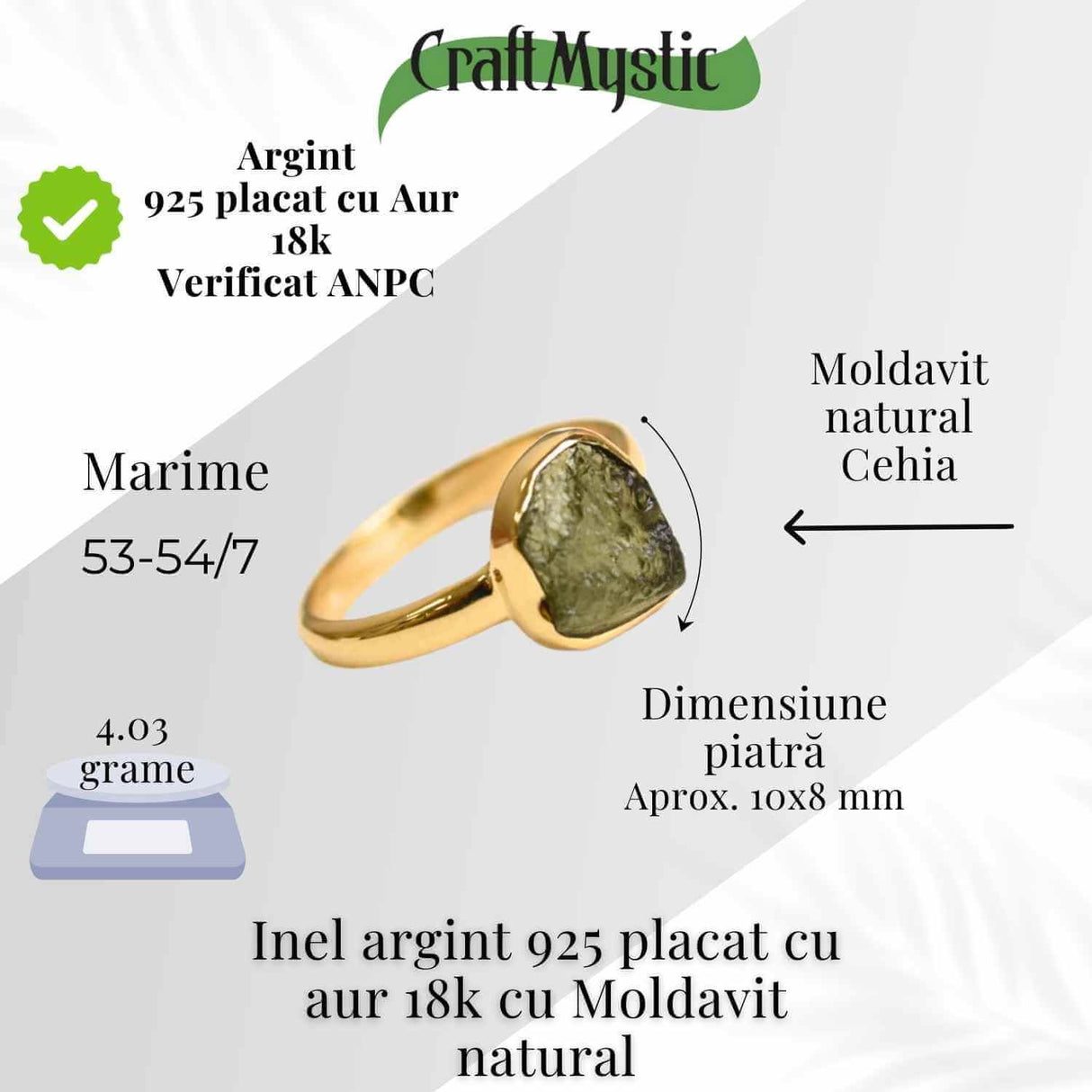 Inel argint 925 placat aur 18k cu Moldavit natural brut Marime 58-59 (EU) /9 (US) - Piatra transformarii si protectiei