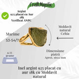 Inel argint 925 placat aur 18k cu Moldavit natural brut Marime 58-59 (EU) /9 (US) - Piatra transformarii si protectiei