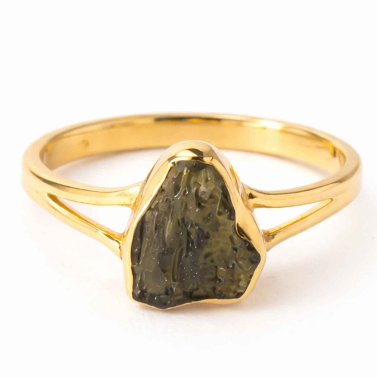 Inel cu Moldavit Brut, Argint 925 Placat Aur 18K, M8/56 - Protectie Energetica si Claritate