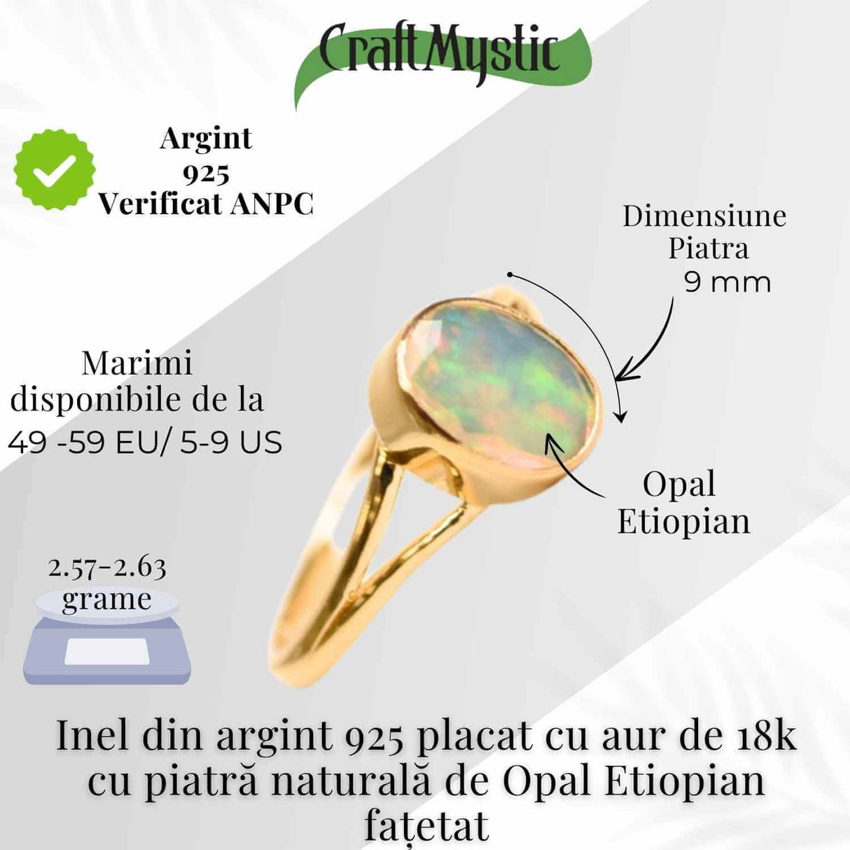 Inel Argint 925 placat cu Aur 18K cu Opal Etiopian Oval Fatetat - Magie si Armonie Interioara
