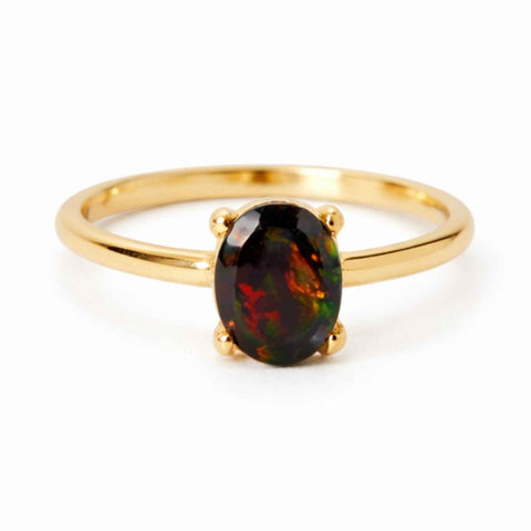 Inel Argint 925 placat cu aur 18K cu Opal Negru Fatetat oval- o reflexie profunda a intuitiei purtate cu gratie