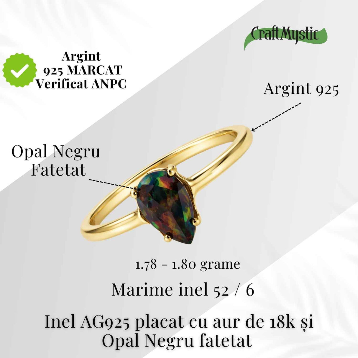 Inel Argint 925 placat cu aur 18K cu Opal Negru Fatetat oval- o reflexie profunda a intuitiei purtate cu gratie