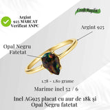 Inel Argint 925 placat cu aur 18K cu Opal Negru Fatetat oval- o reflexie profunda a intuitiei purtate cu gratie