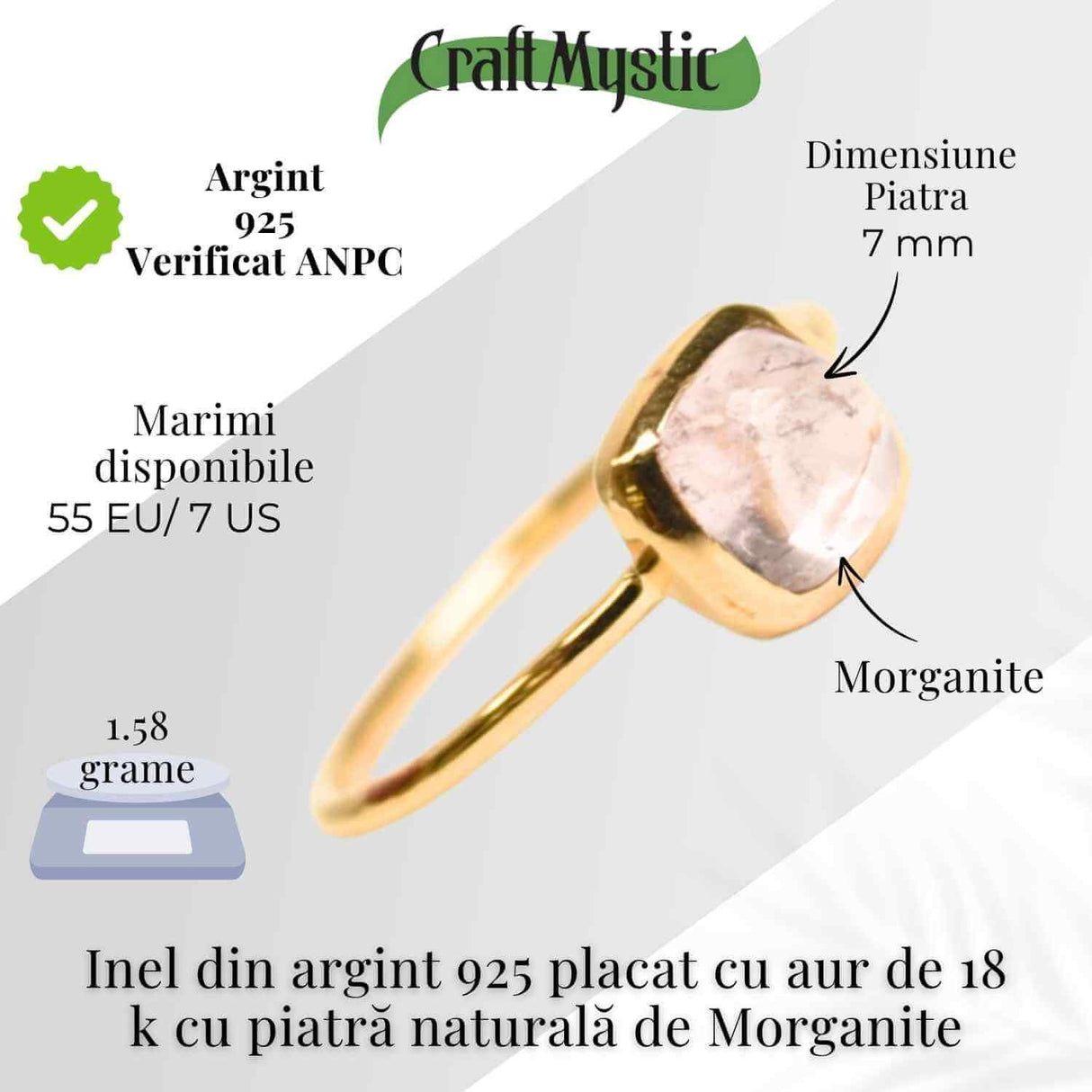 Inel Argint 925 placat cu Aur 18K cu Morganite Patrat - Iubire Divina si Echilibru Emotional