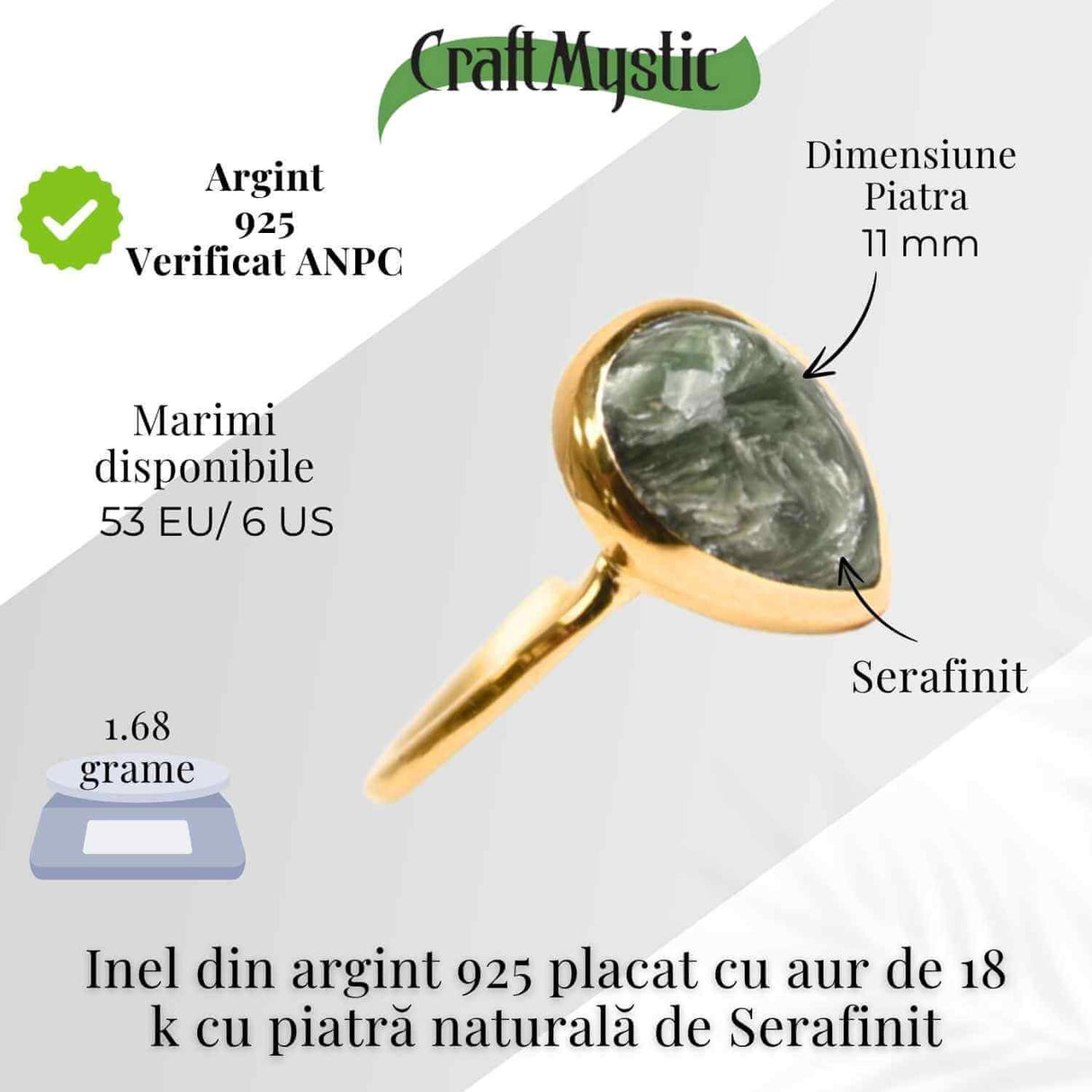 Inel Argint 925 placat cu Aur 18K cu Serafinit Lacrima - Armonie Spirituala si Vindecare Interioara