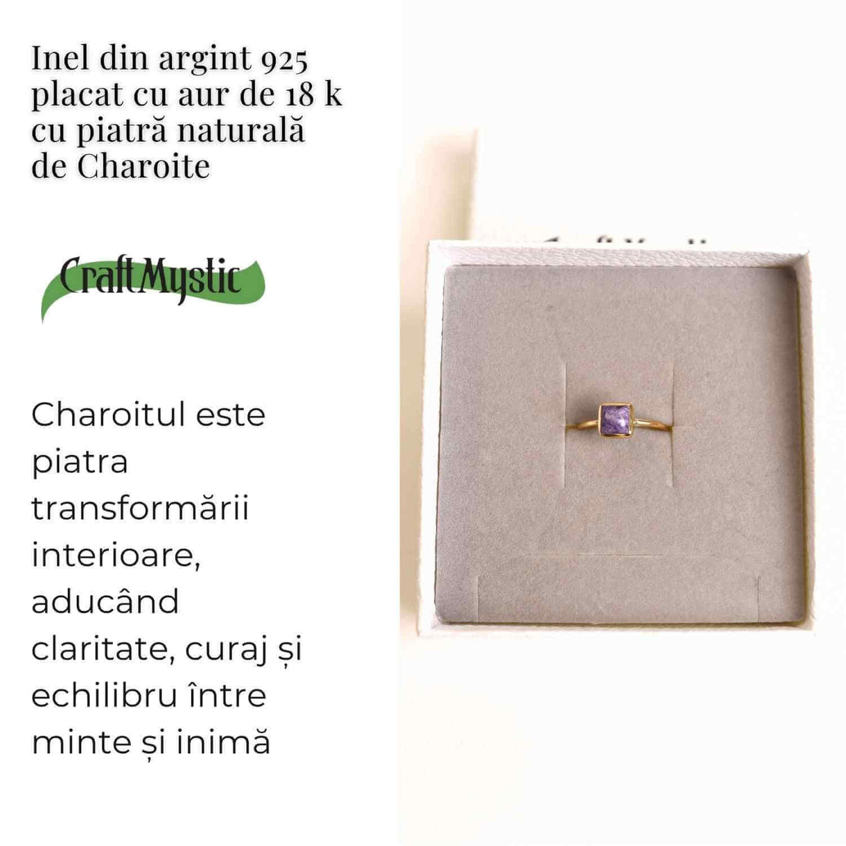 Inel Argint 925 placat cu Aur 18K cu Charoite Patrat - Transformare Spirituala si Liniste Interioara