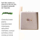 Inel Argint 925 placat cu Aur 18K cu Charoite Patrat - Transformare Spirituala si Liniste Interioara