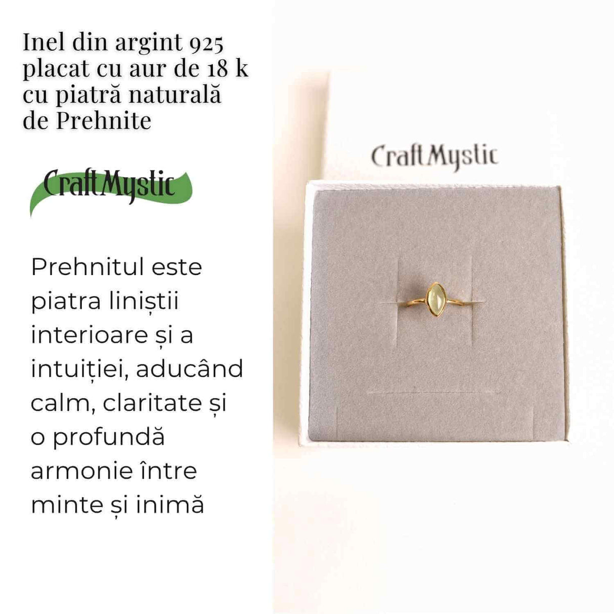 Inel Argint 925 placat cu aur 18K cu Prehnit forma delica - Liniste Interioara si Claritate Spirituala