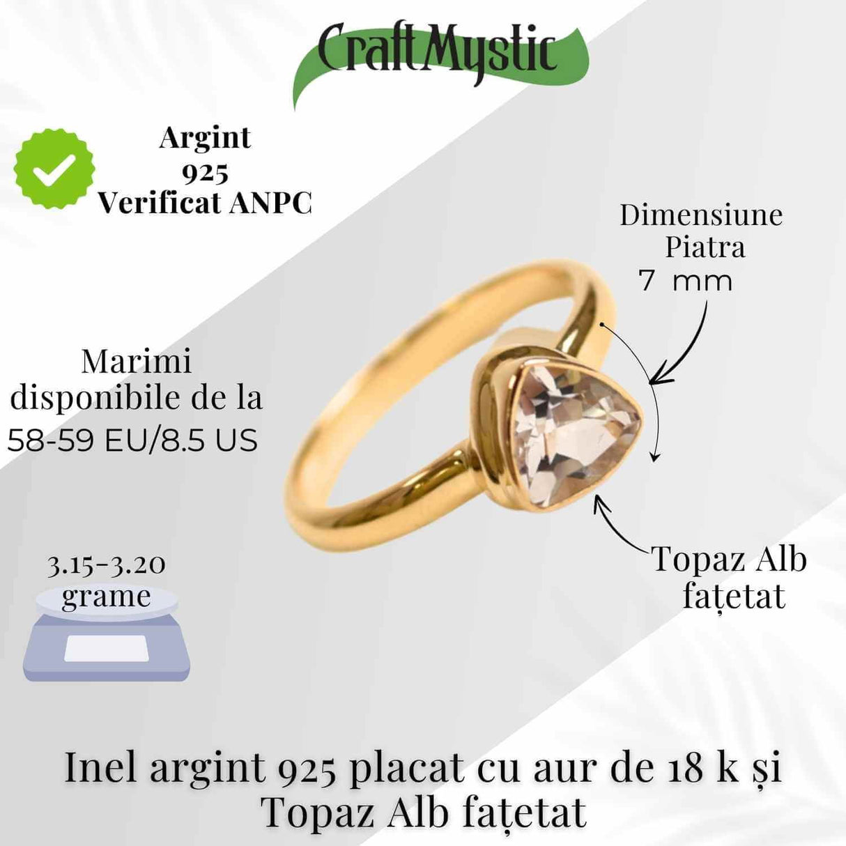 Inel argint 925 placat cu aur 18K cu Topaz Alb fatetat triunghi - Claritate si Eleganta