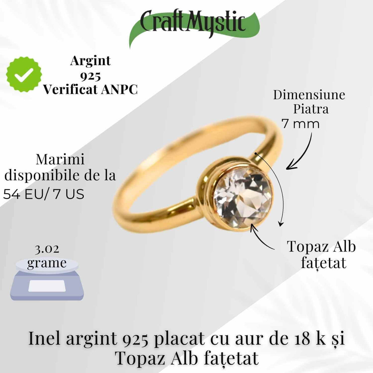 Inel argint 925 placat aur 18K cu Topaz Alb rotund fatetat - Claritate si Armonie
