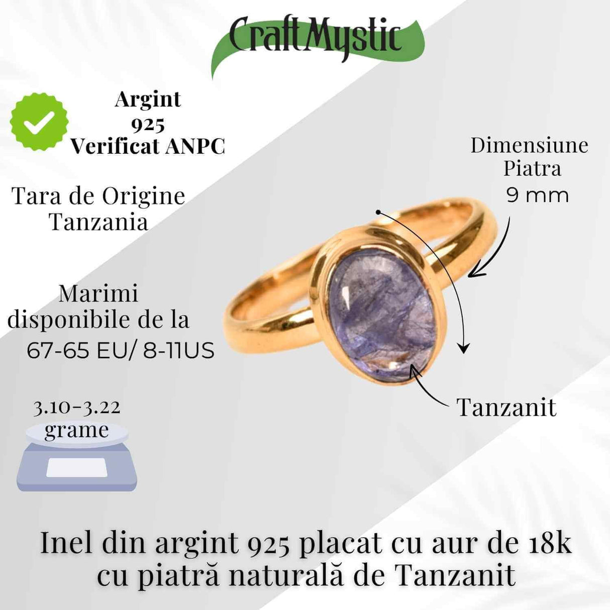 Inel Argint 925 placat cu Aur 18K si Tanzanit - Claritate Interioara si Luminare Spirituala