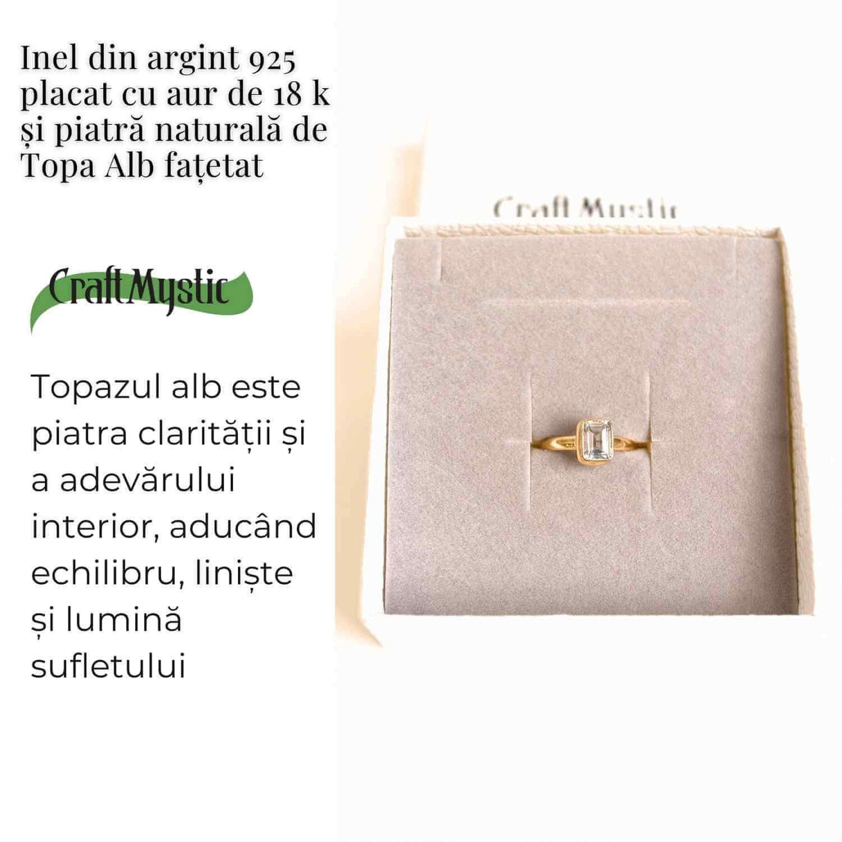 Inel Argint 925 placat cu Aur 18K si Topaz Alb Fatetat - Claritate si Eleganta