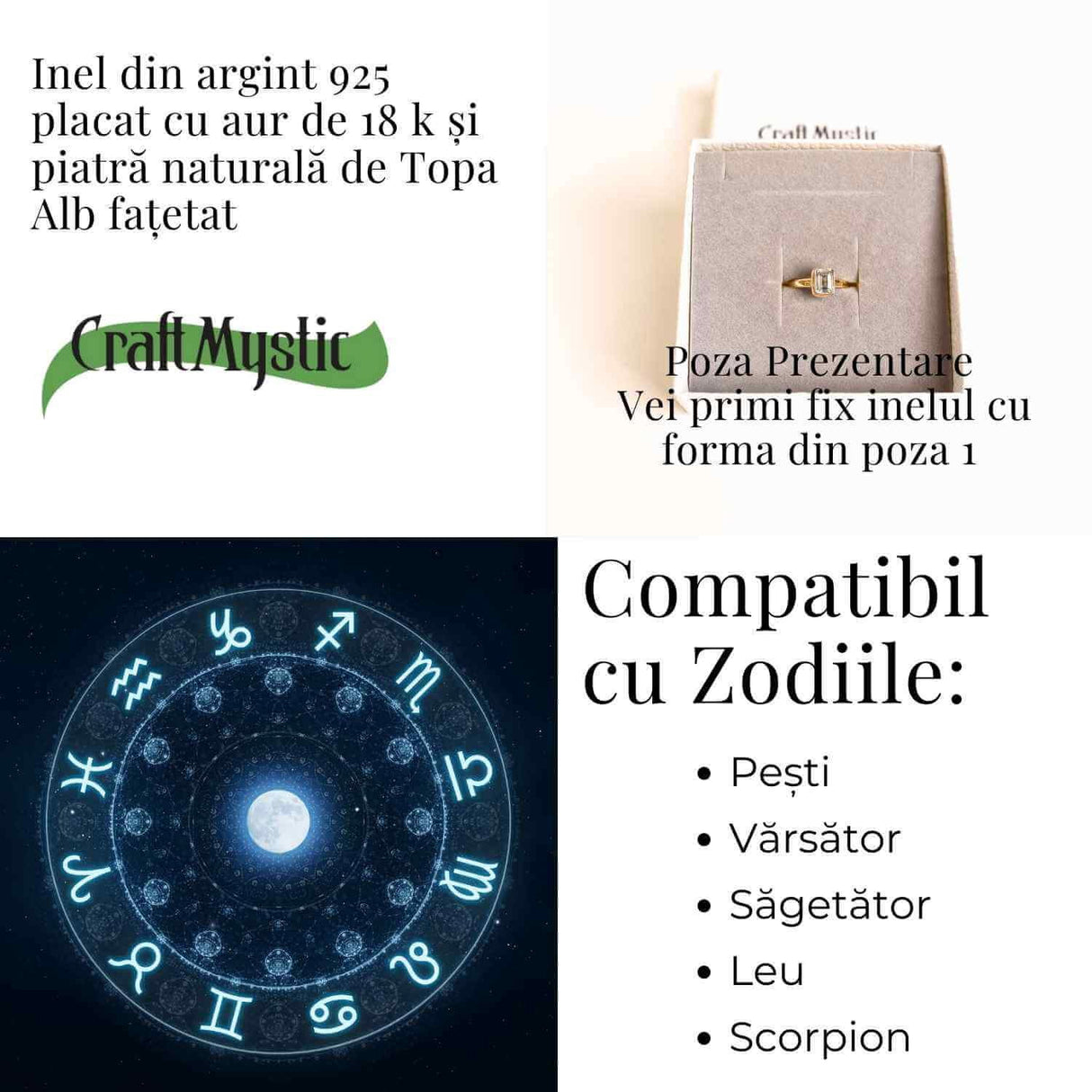Inel argint 925 placat cu aur 18k si Topaz Alb rotund fatetat