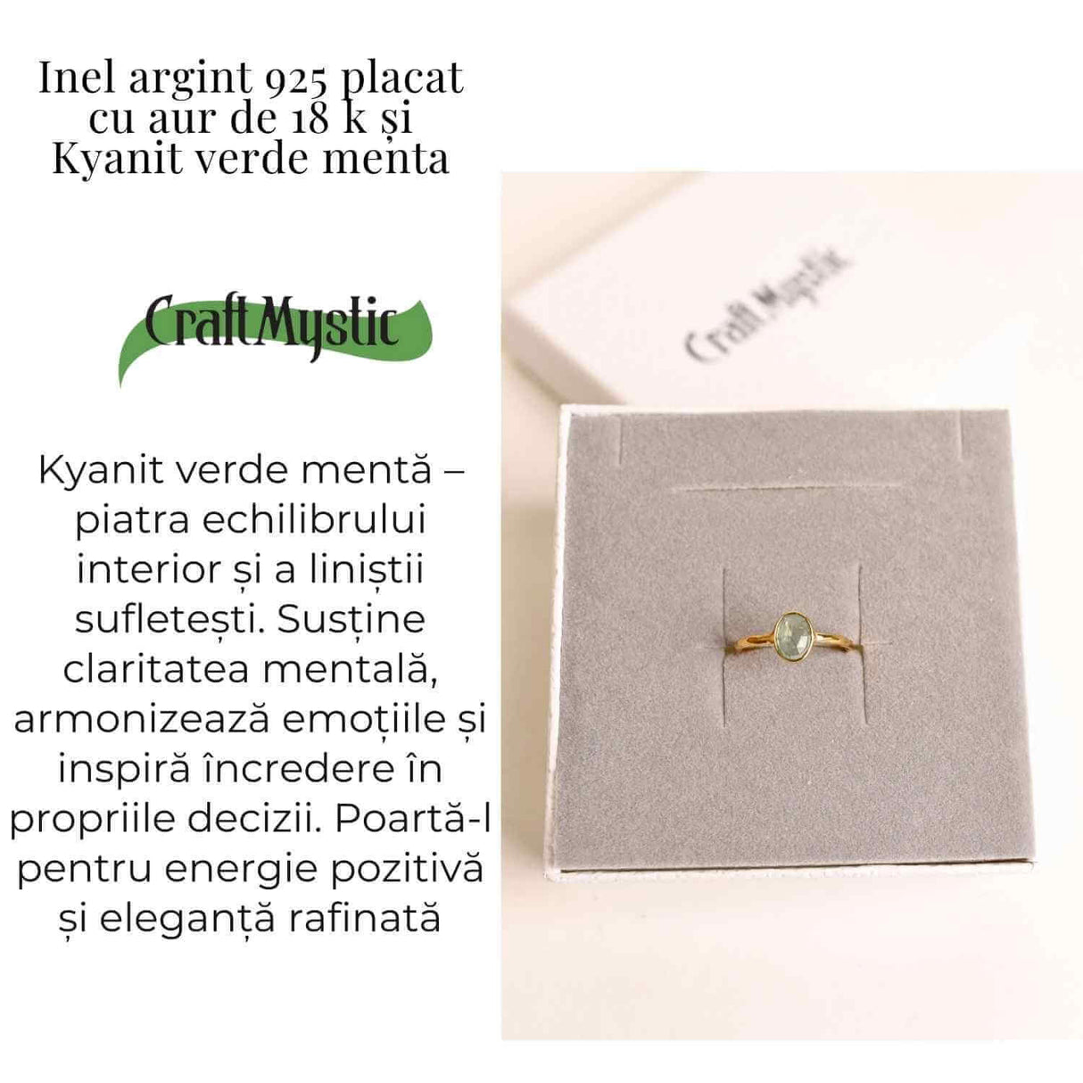 Inel argint 925 placat cu aur 18K si Kyanit verde menta fatetat - Echilibru si incredere