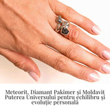 Inel ajustabil din argint 925 cu tripla piatra naturala Moldavit, Diamant Pakimer si Meteorit Campo del Cielo
