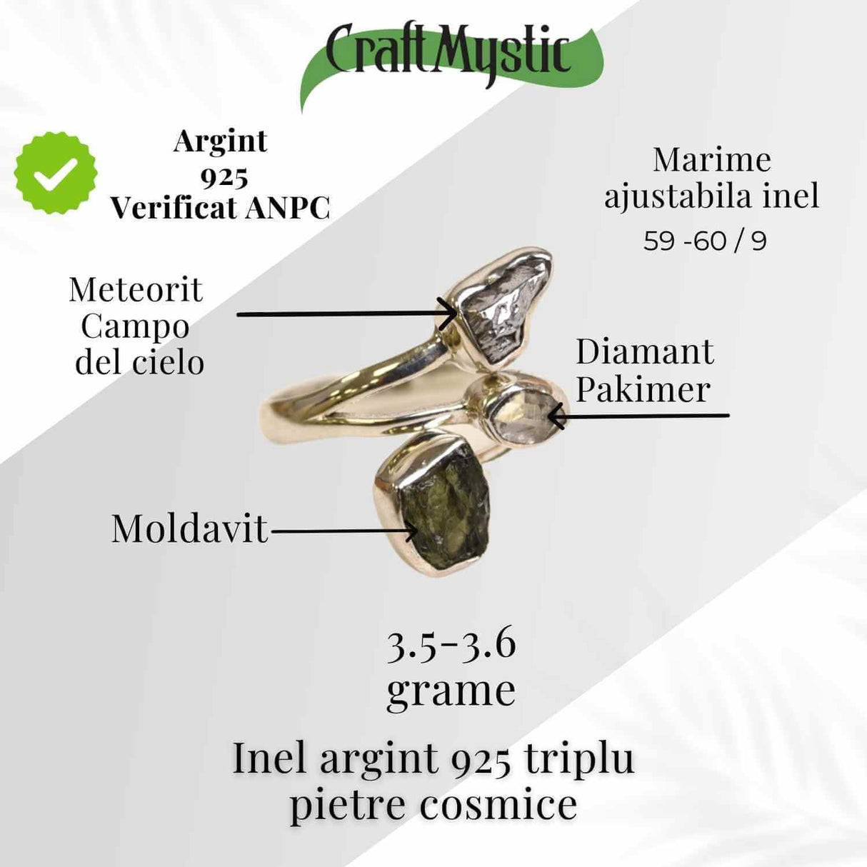 Inel ajustabil din argint 925 cu tripla piatra naturala Moldavit, Diamant Pakimer si Meteorit Campo del Cielo
