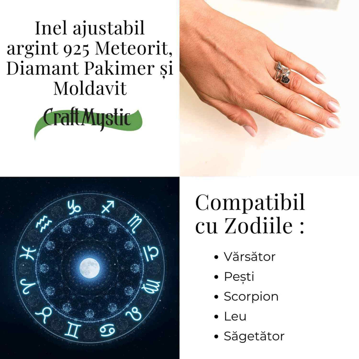 Inel ajustabil din argint 925 cu tripla piatra naturala Moldavit, Diamant Pakimer si Meteorit Campo del Cielo
