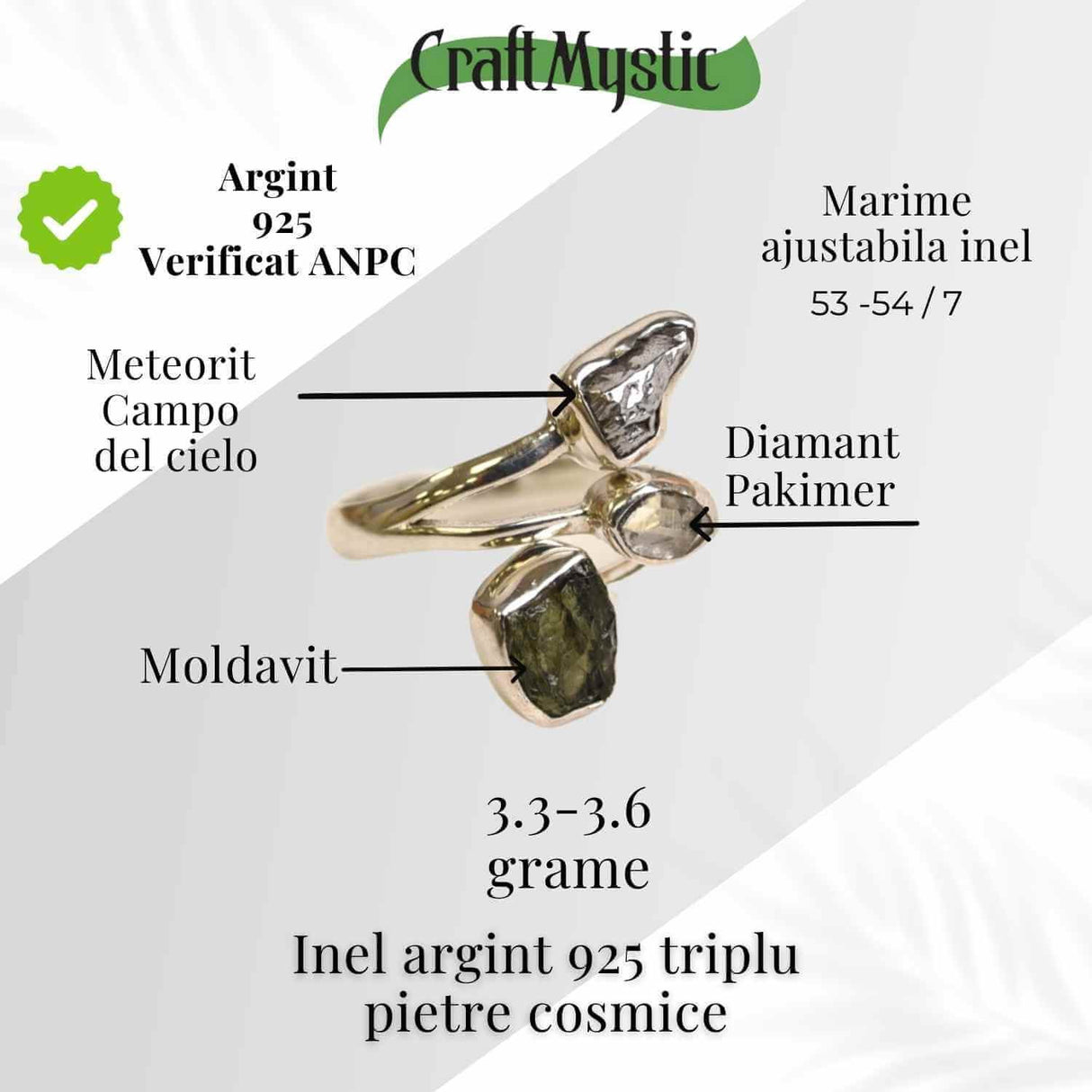 Inel ajustabil din argint 925 cu tripla piatra naturala Moldavit, Diamant Pakimer si Meteorit Campo del Cielo