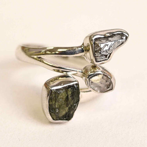 Inel ajustabil din argint 925 cu triplă piatră naturală Moldavit, Diamant Pakimer și Meteorit Campo del Cielo