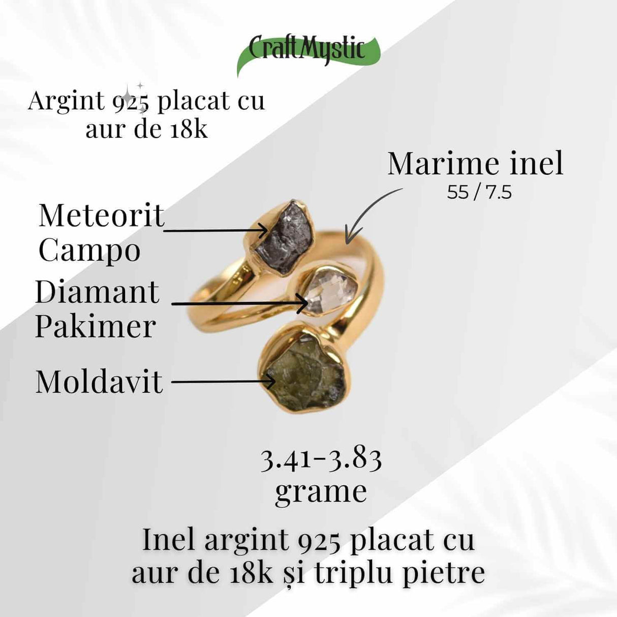 Inel argint 925 placat cu aur de 18k cu Moldavit, Meteorit si Diamant Pakimer marime 57.5/8 - Putere cosmica si claritate