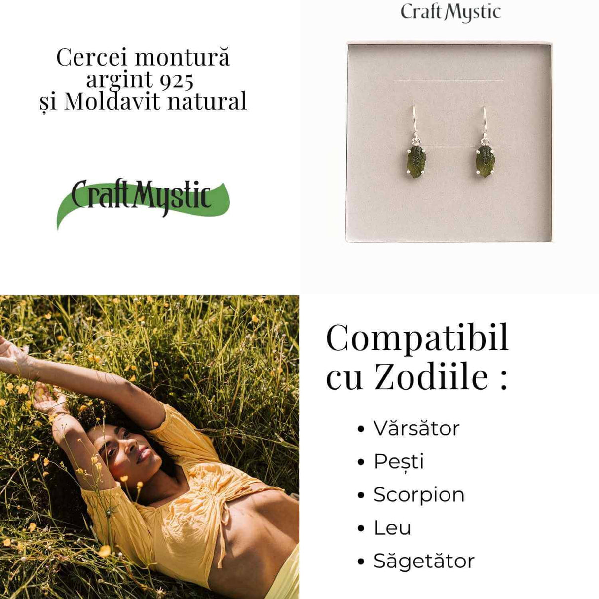 Cercei argint 925 cu Moldavit natural neuniform 1.9-2 grame - Transformare interioara si conexiune spirituala