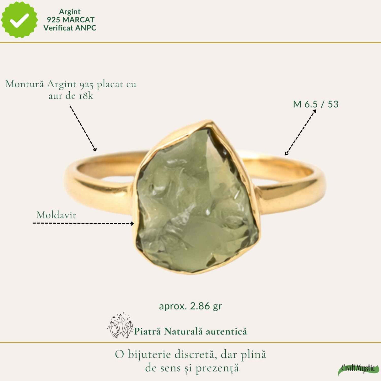 Inel argint 925 placat cu aur de 18k moldavit brut M6.5/52 – energie intensa si transformare profunda