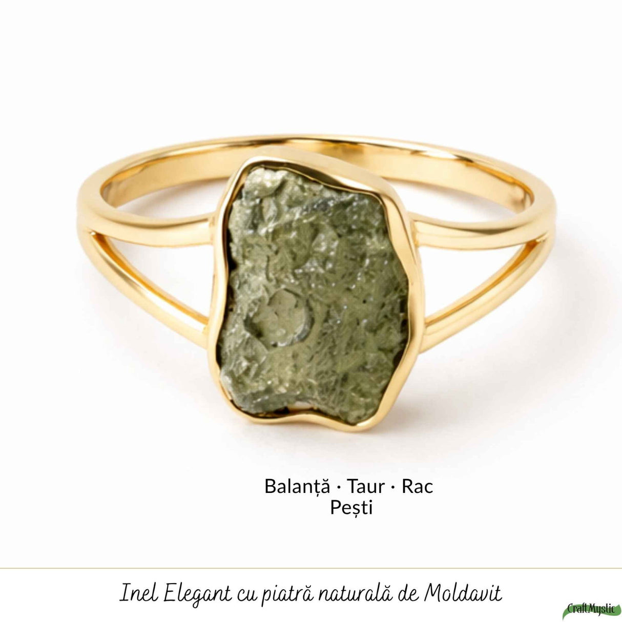 Inel cu Moldavit Verde Brut – Argint 925 Placat Aur 18K, M8.5/58 - Energie Universala si Echilibru