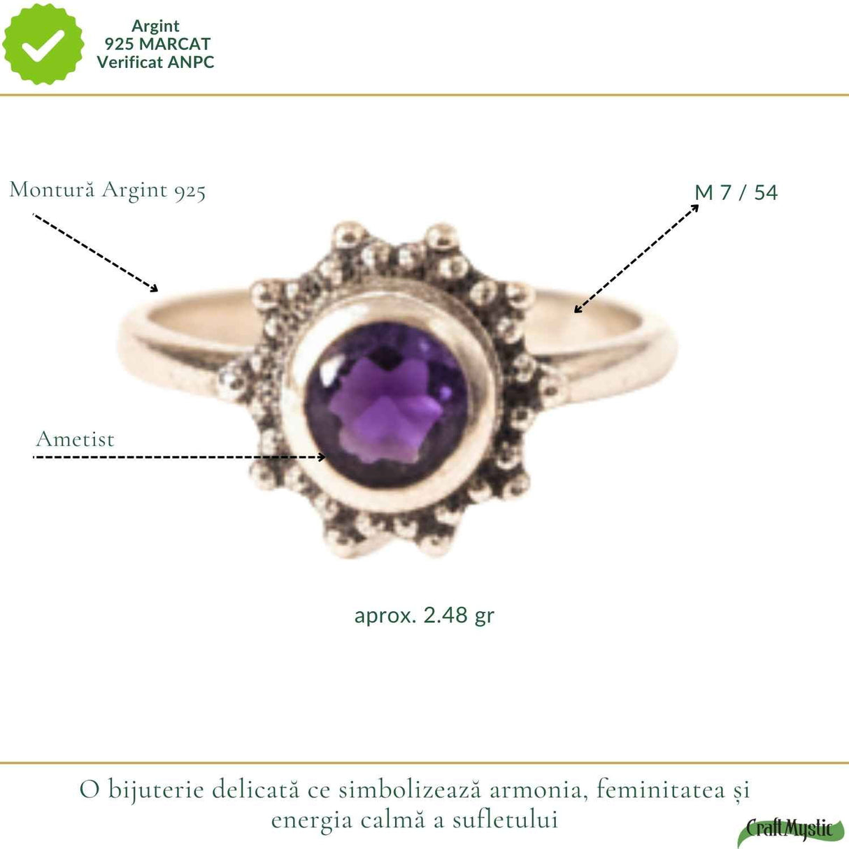 Inel Argint 925 Floare cu Ametist Natural Fatetat – Energie de Calm si Feminitate