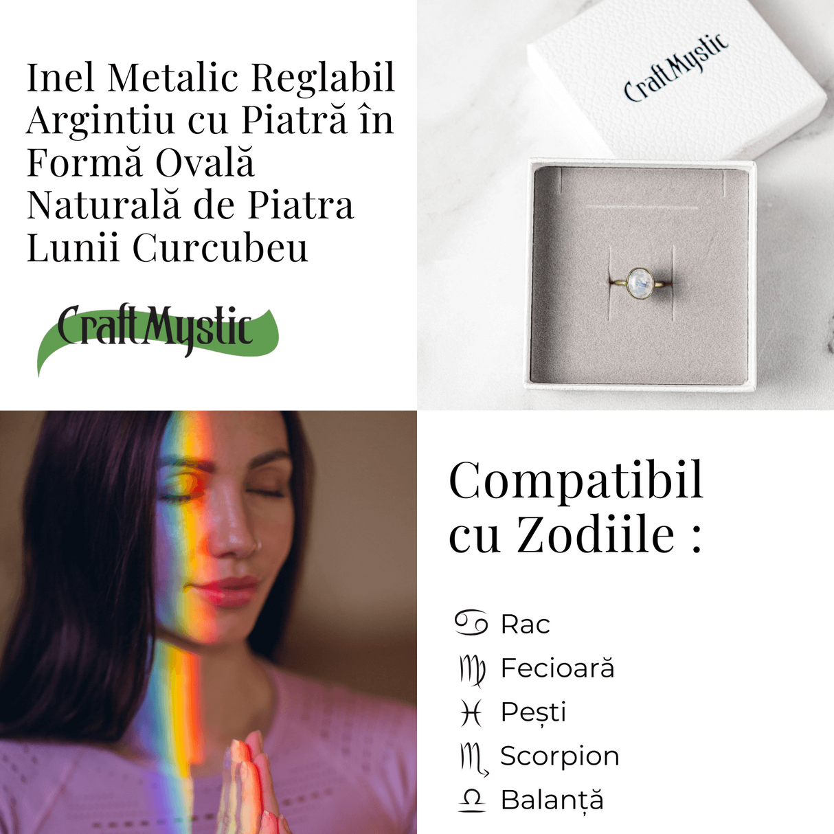 Inel Reglabil Argintiu cu Piatra Lunii Curcubeu - Intuitie si Liniste