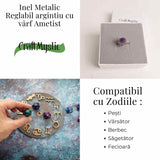 Inel ajustabil argintiu cu piatra naturala varf de ametist