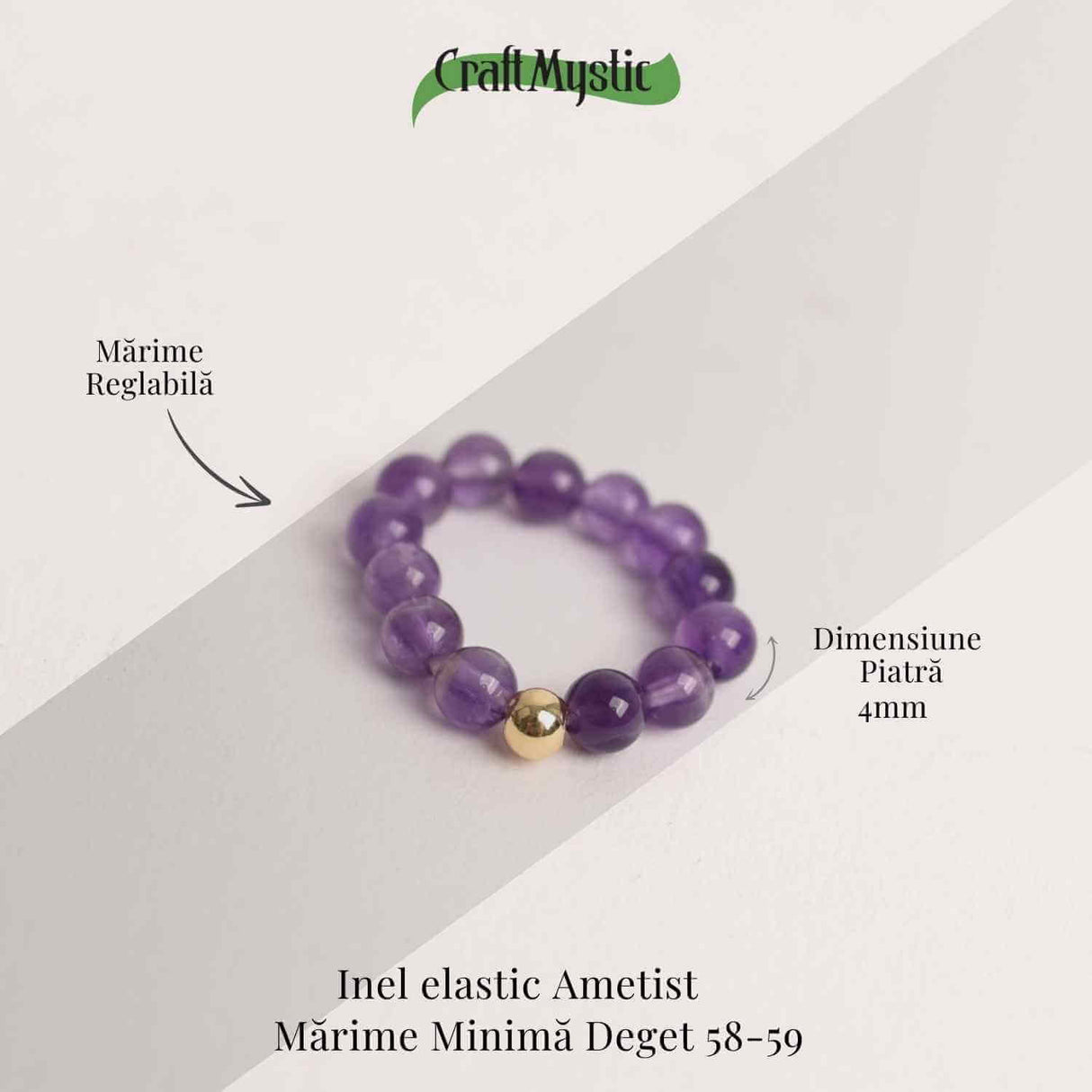 Inel elastic cu biluta aurie si margele 4 mm din pietre naturale - Ametist