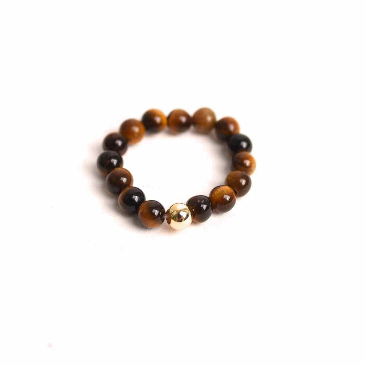 Inel elastic cu biluta aurie si margele 4 mm din pietre naturale - Ochi de tigru