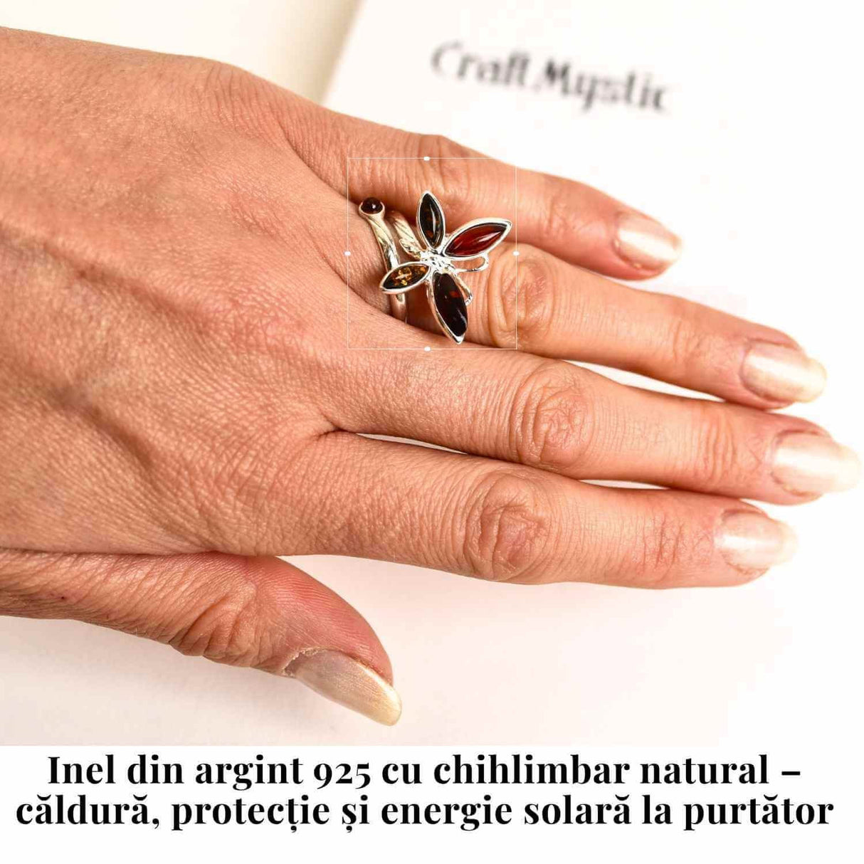 Inel Argint 925 cu Chihlimbar Natural in Forma de Fluture ajustabil - Renastere si Energie Solara