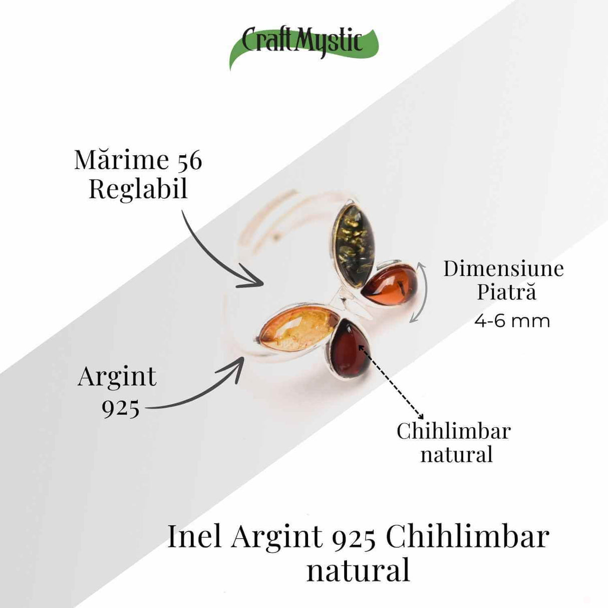 Inel ajustabil argint 925 cu chihlimbar natural - Design fluture