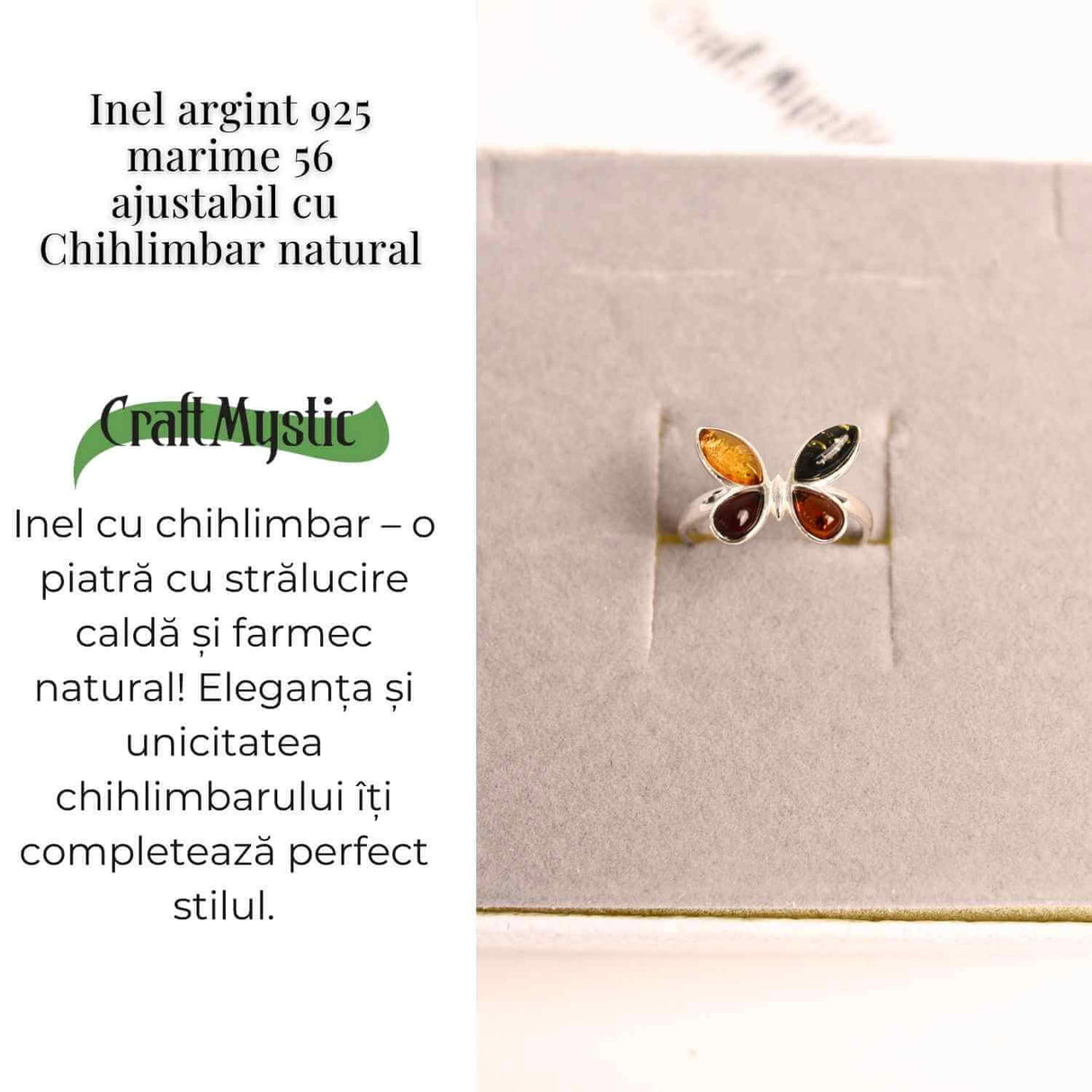 Inel ajustabil argint 925 cu chihlimbar natural - Design fluture