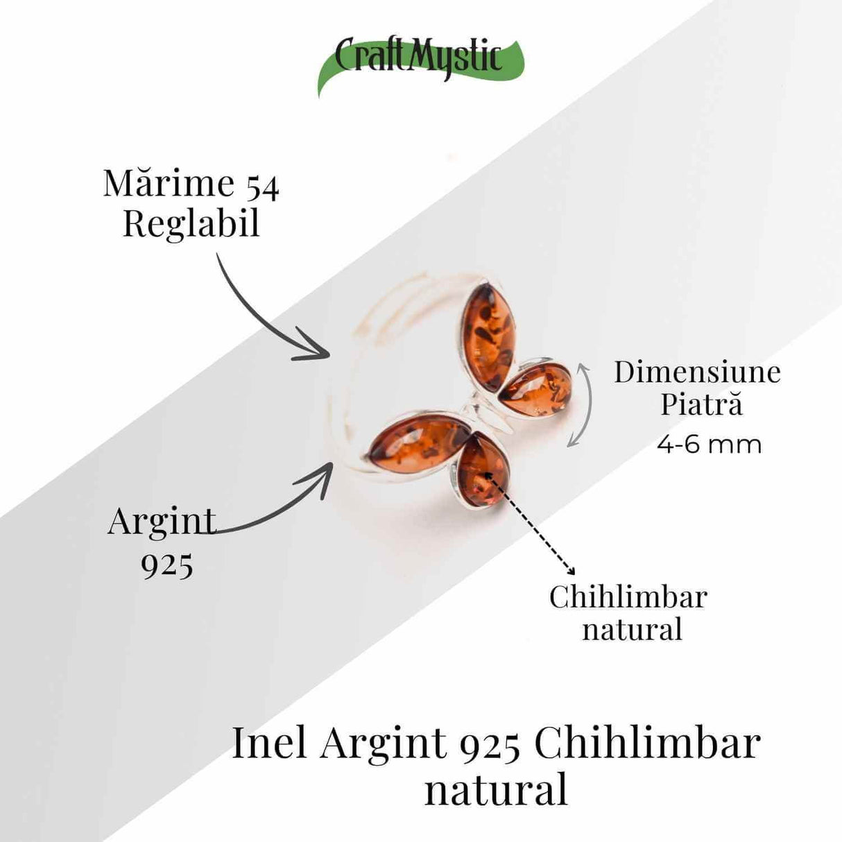 Inel ajustabil argint 925 cu chihlimbar natural forma de fluture- Simbol al elegantei si transformarii