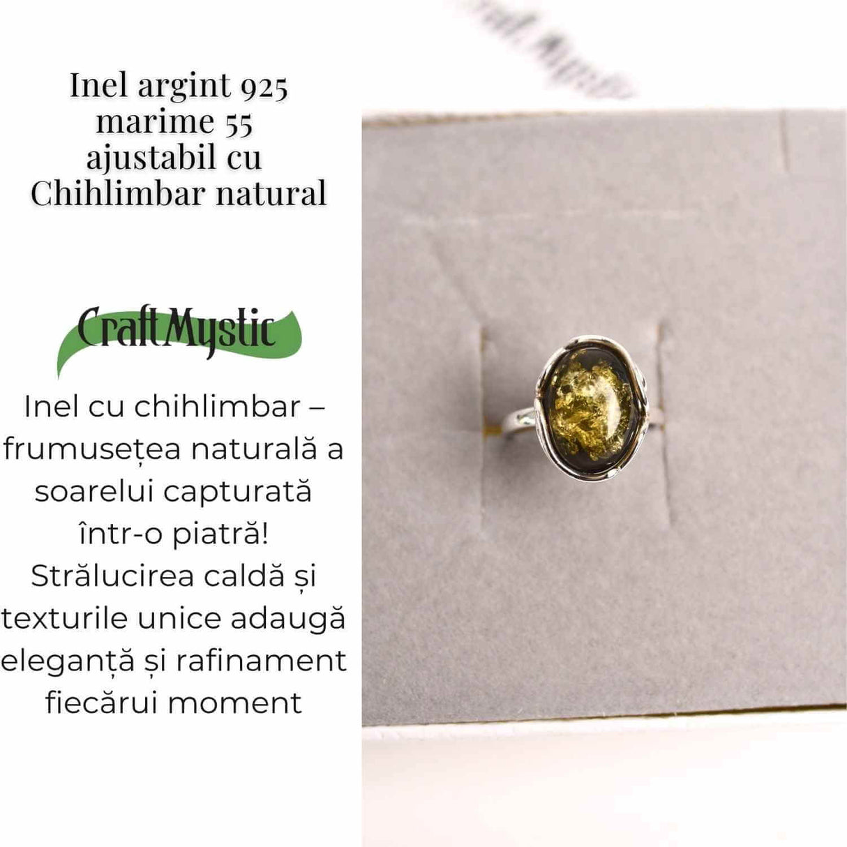 Inel ajustabil argint 925 cu chihlimbar natural - Eleganta unica
