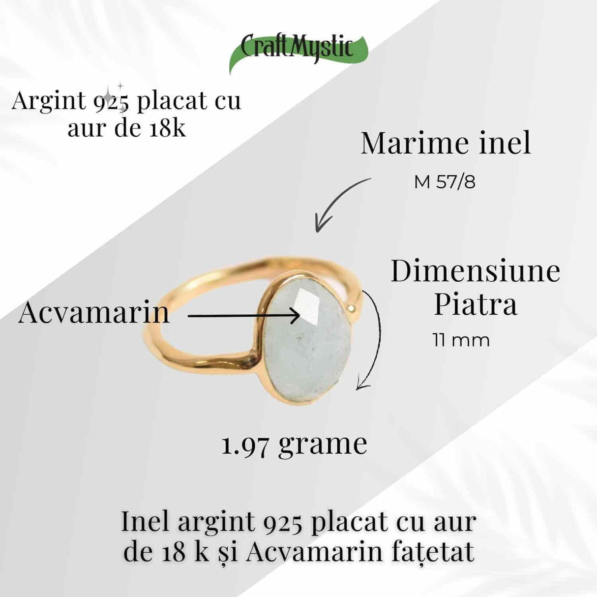 Inel cu Acvamarin Fatetat din Argint 925 placat cu Aur de 18K 1.59gr M50.5/5.5- Liniste Interioara si Claritate in Comunicarea Sufletului