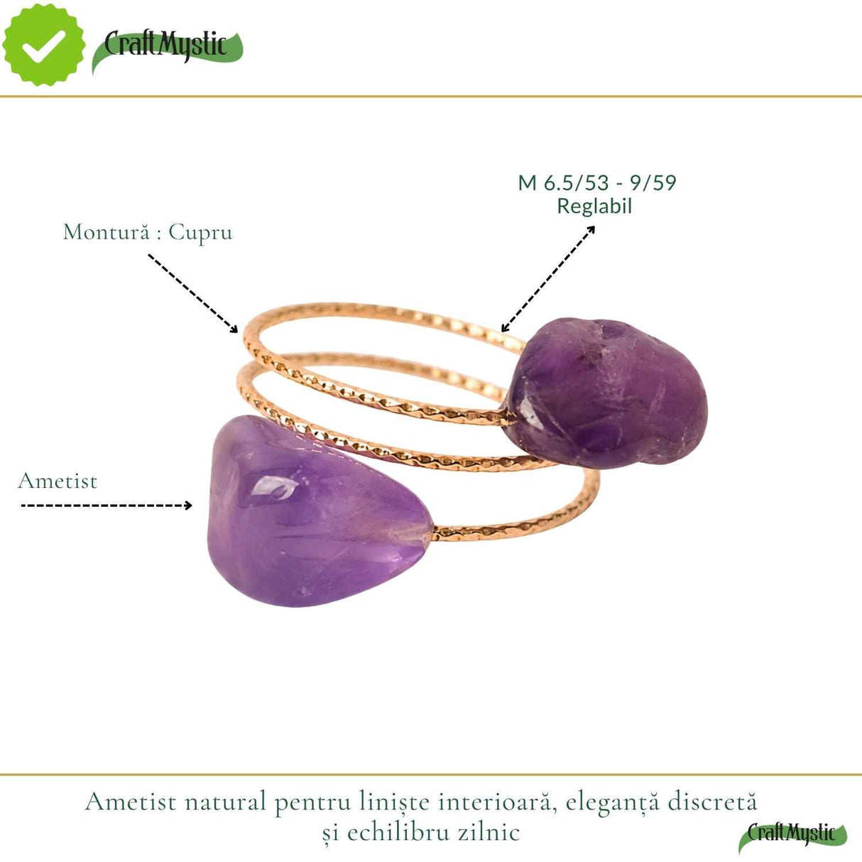 Inel cu Ametist Natural si Cupru – Claritate Interioara si Echilibru Emotional