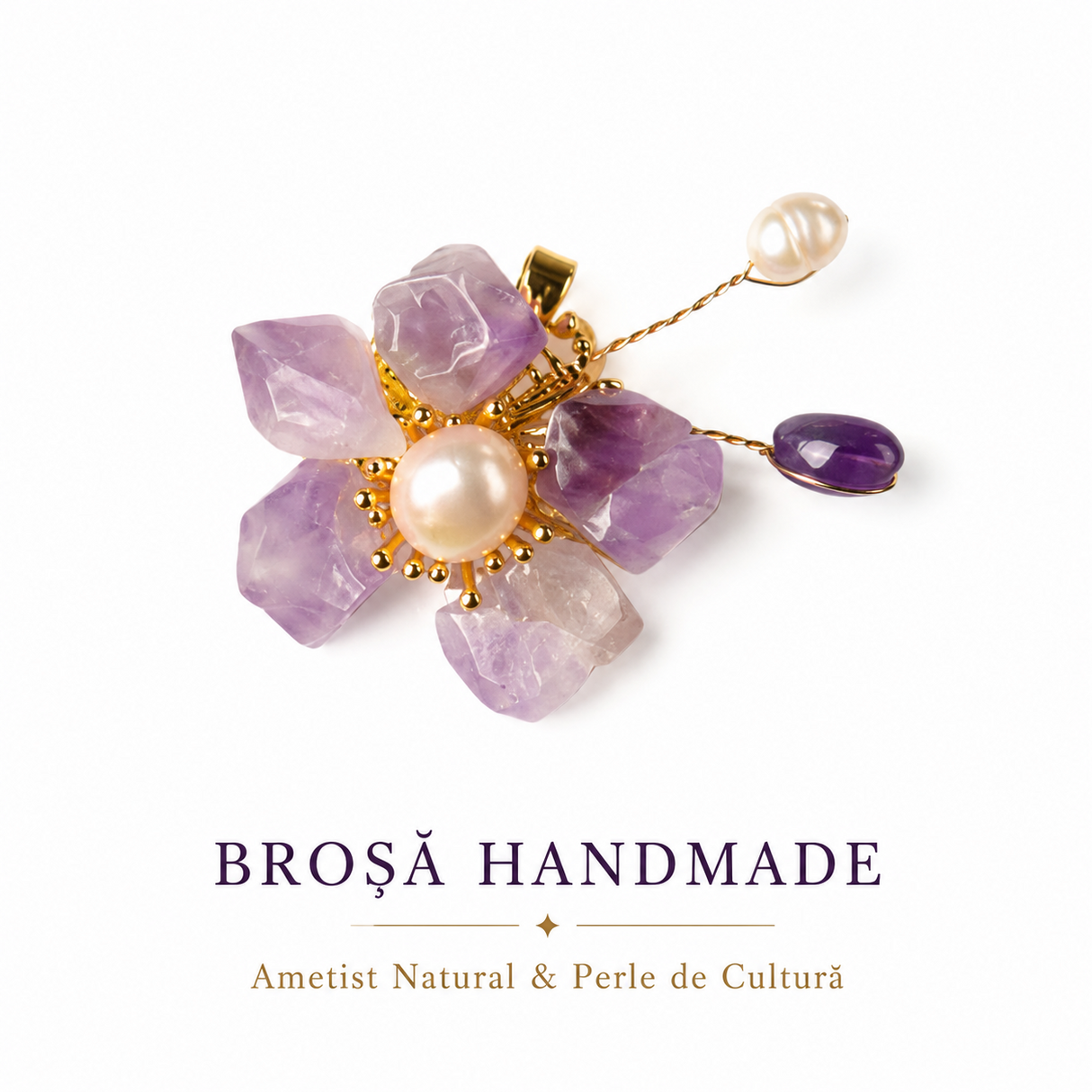 Brosa Pandantiv Floare cu Ametist Natural si Perle de Cultura – Eleganta si Armonie