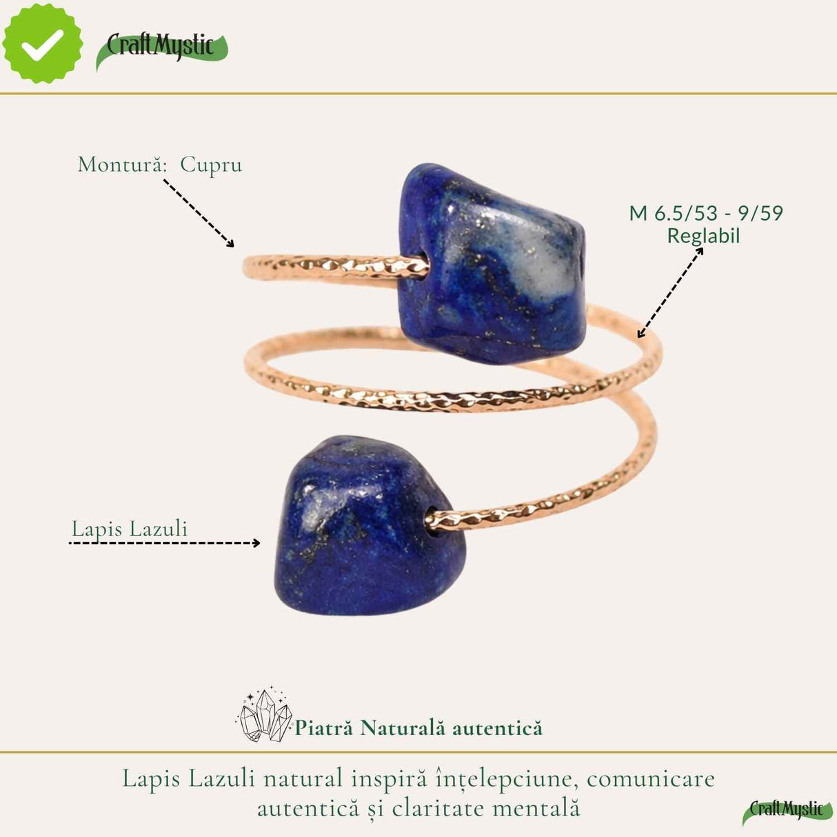 Inel cu Lapis Lazuli Natural si Cupru – Intelepciune si Comunicare Autentica